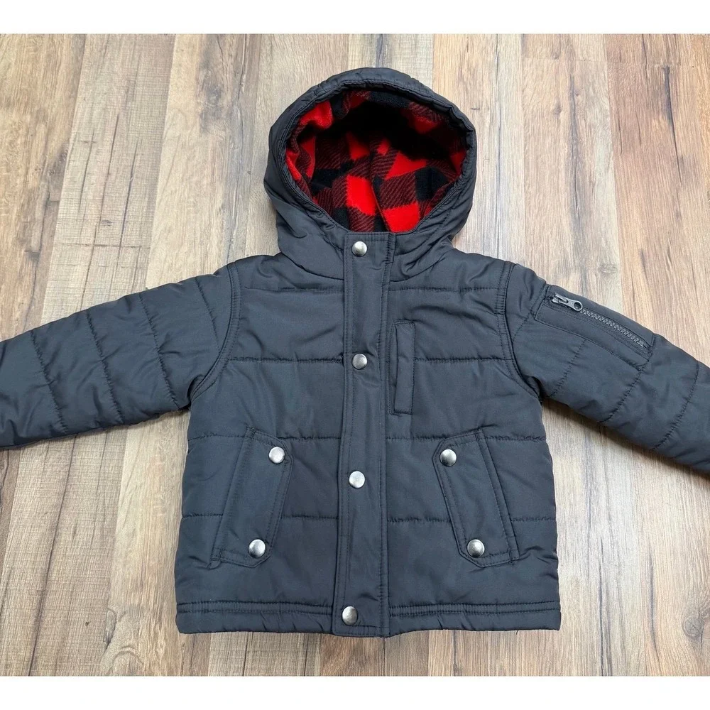OshKosh B'gosh Toddler 18M Black Puffer Jacket Hooded Buffalo Plaid Lined